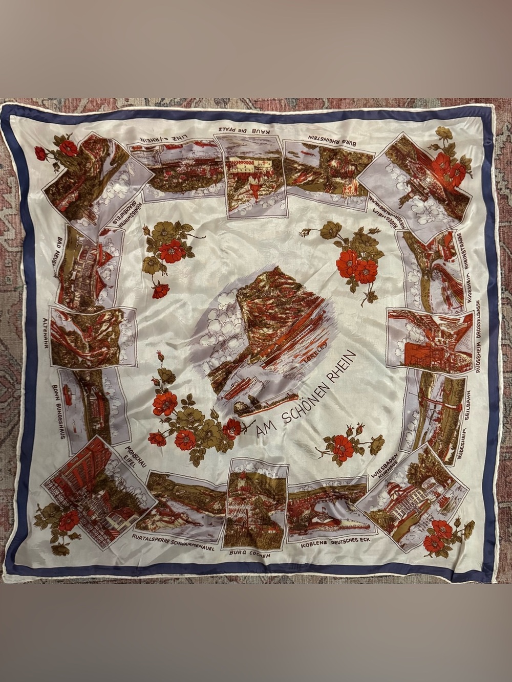 Vintage German Mid Century Rhine River Vally Souvenir Silk Scarf